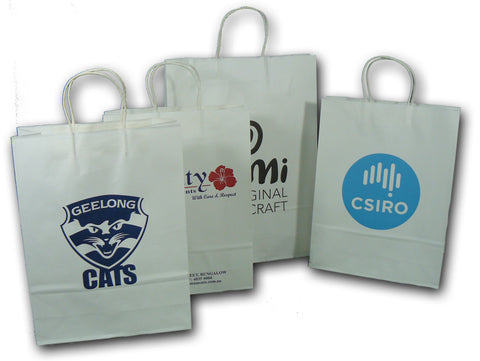 Kraft Paper white bags with paper twist handles - Printed - BagMasters Australia